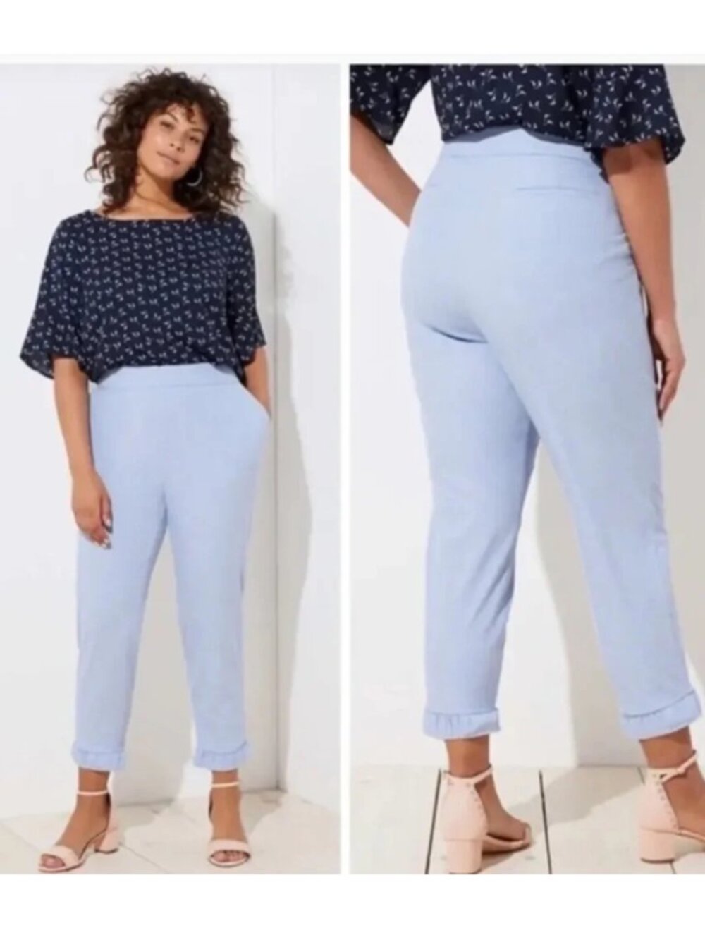 NWT LOFT Plus Ruffle Hem Cropped Ankle Pants in Light Blue Size 26